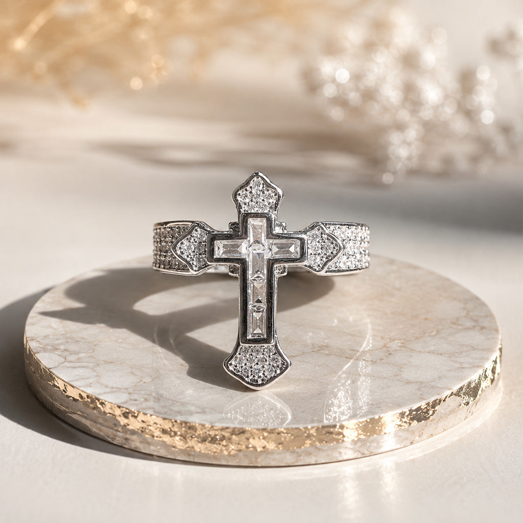 Sparkling Cross Statement Ring with Rhinestone Accents