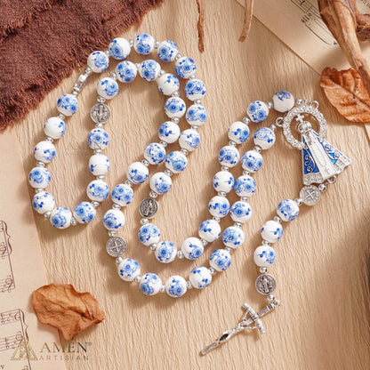 Blue Floral Ceramic Rosary with Marian Pendant and St. Benedict Medals — Grace and Peace | Amen Artisan