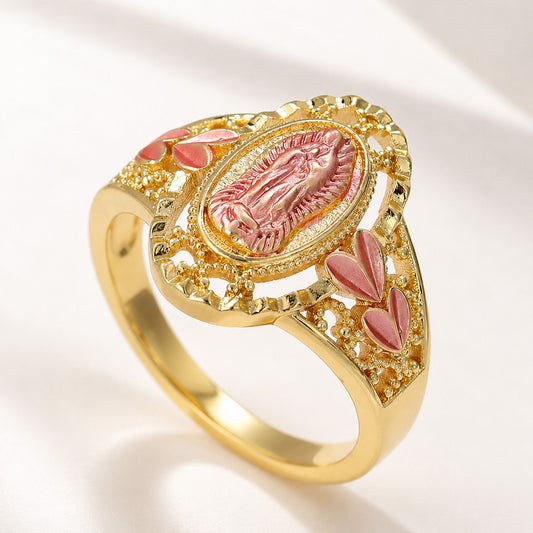 【DEAL TODAY】Our Lady Gold-Tone Ring with Pink Raised Detail