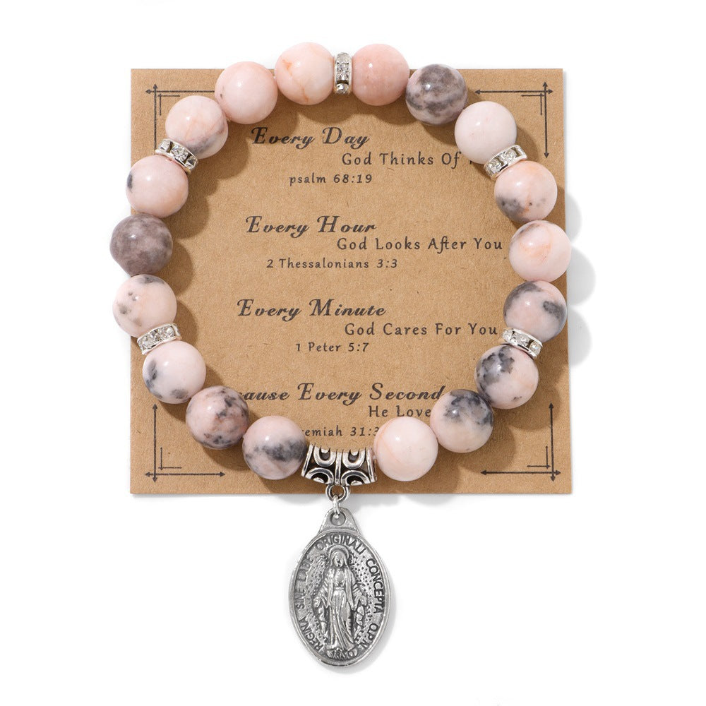 Pink and White Zebra Stone Miraculous Medal Stretch Bracelet