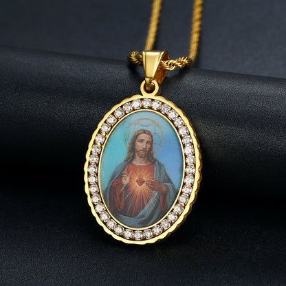 Holy Mother Photo Memorial Titanium Steel Zircon Necklace Amen Artisan
