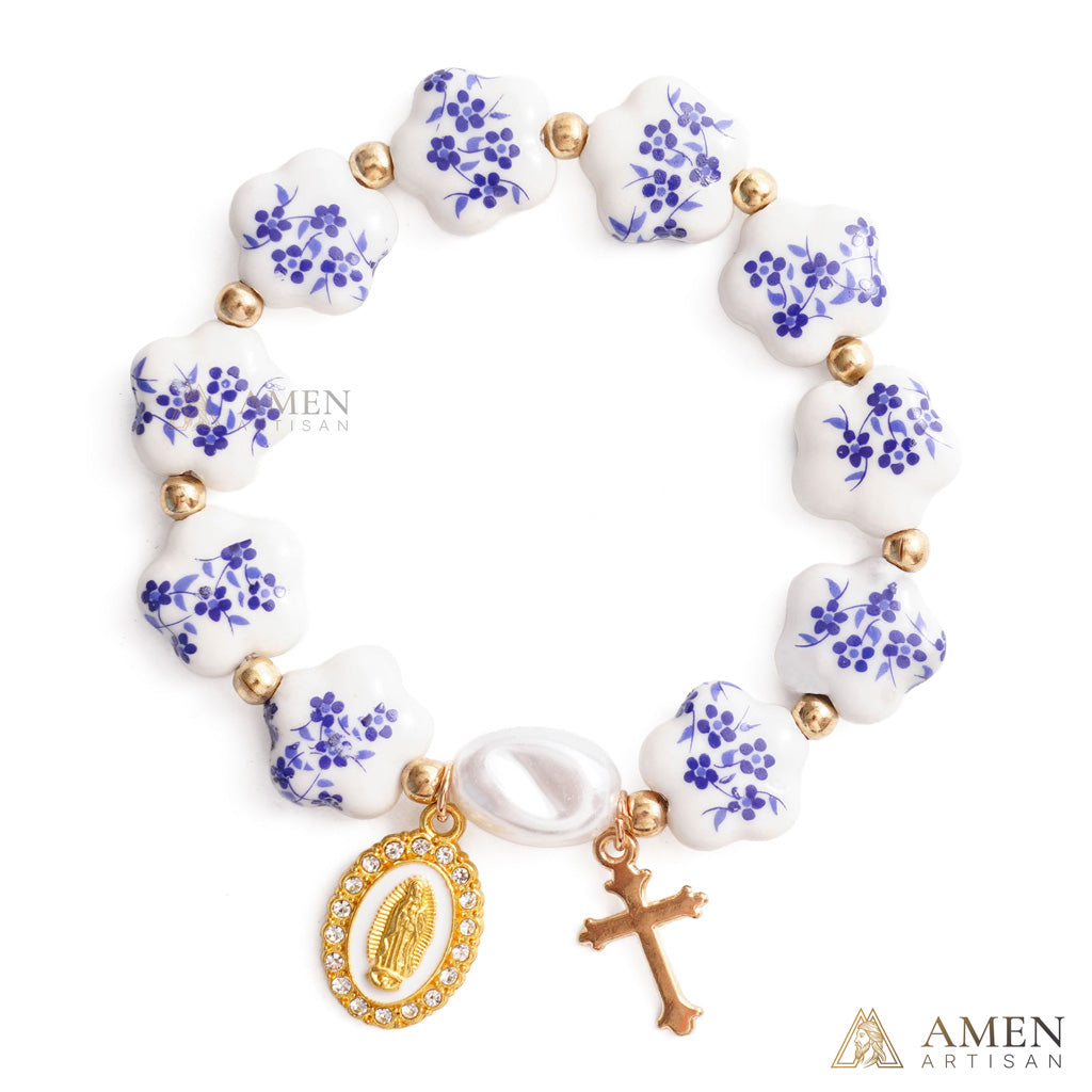 Blue Floral Ceramic Flower Bracelet with Virgin Mary Pendant - Faith & Peace | Amen Artisan
