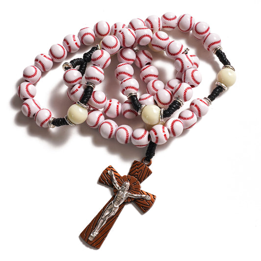 "Home Run" Baseball Rosary – Hand-Stitched Style Beads with Wood-Grain Bat Crucifix – Durable Catholic Gift for Athletes & Baseball Fans
