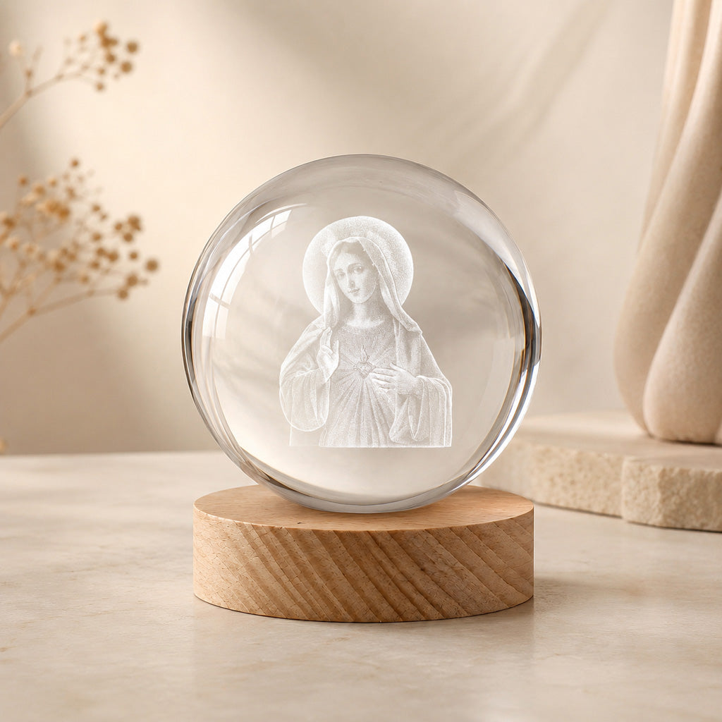 Virgin Mary Crystal Ball Night Light with Warm Wooden Base