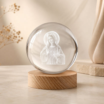 Virgin Mary Crystal Ball Night Light with Warm Wooden Base