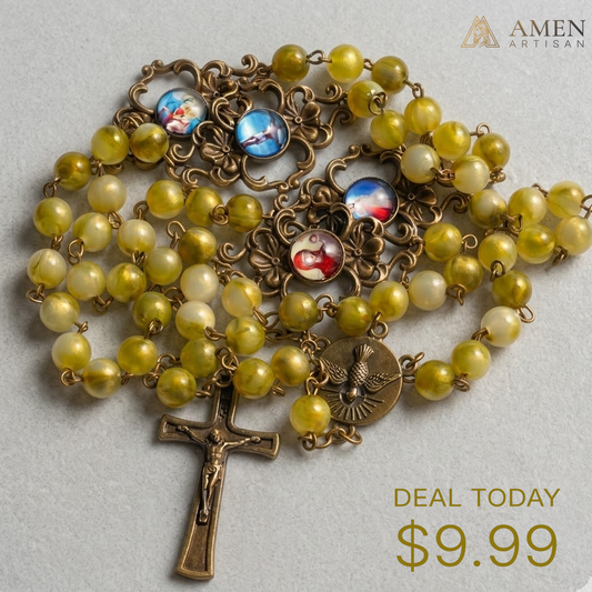 Vintage-Style Sacred Heart & Holy Spirit Rosary with Olive Amber-Tone Beads