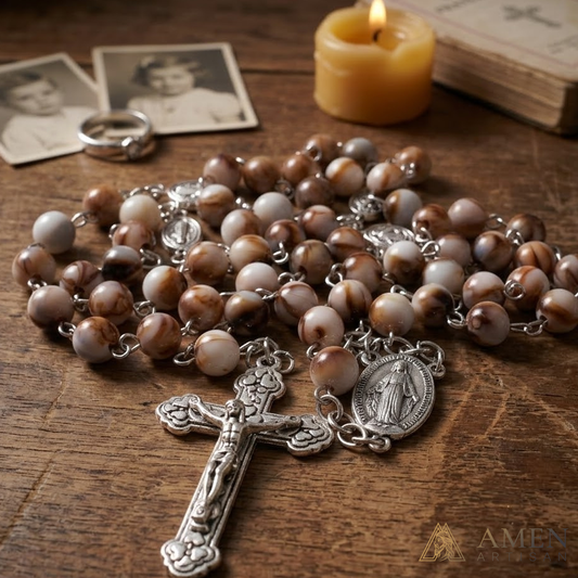 【Deal Today】Vintage Earth Tone Marble Catholic Rosary – Prayer Beads with Crucifix & Marian Medal