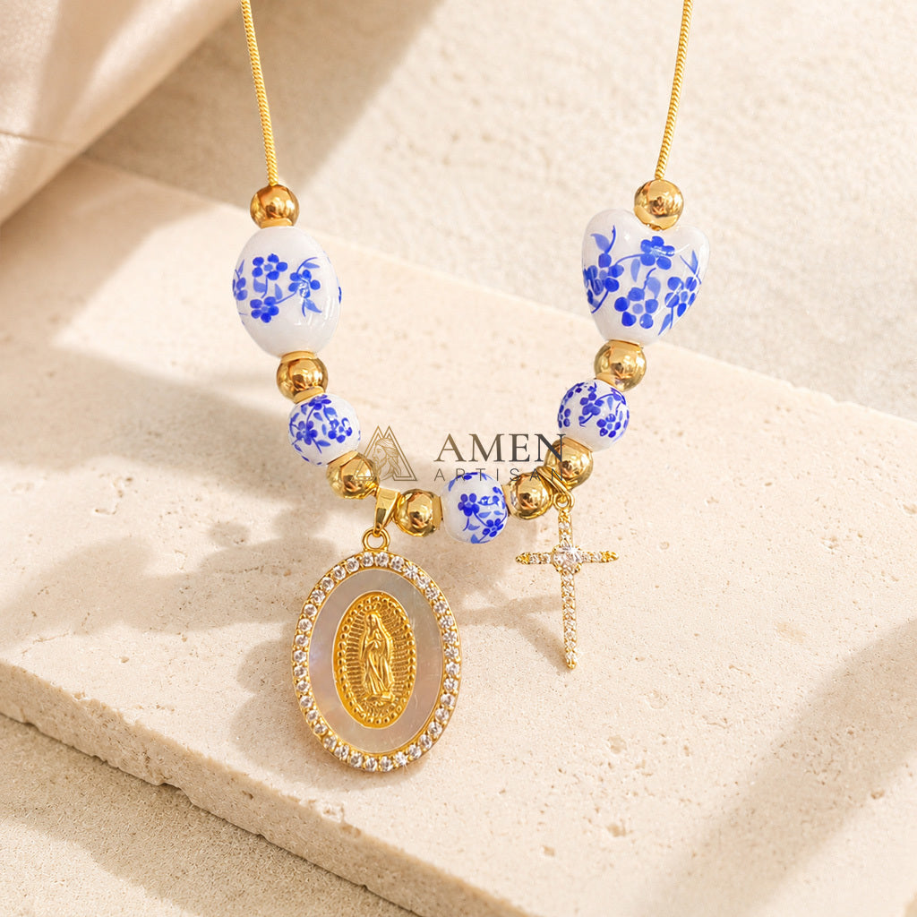 Floral Ceramic and Zircon Virgin Mary Cross Necklace Amen Artisan