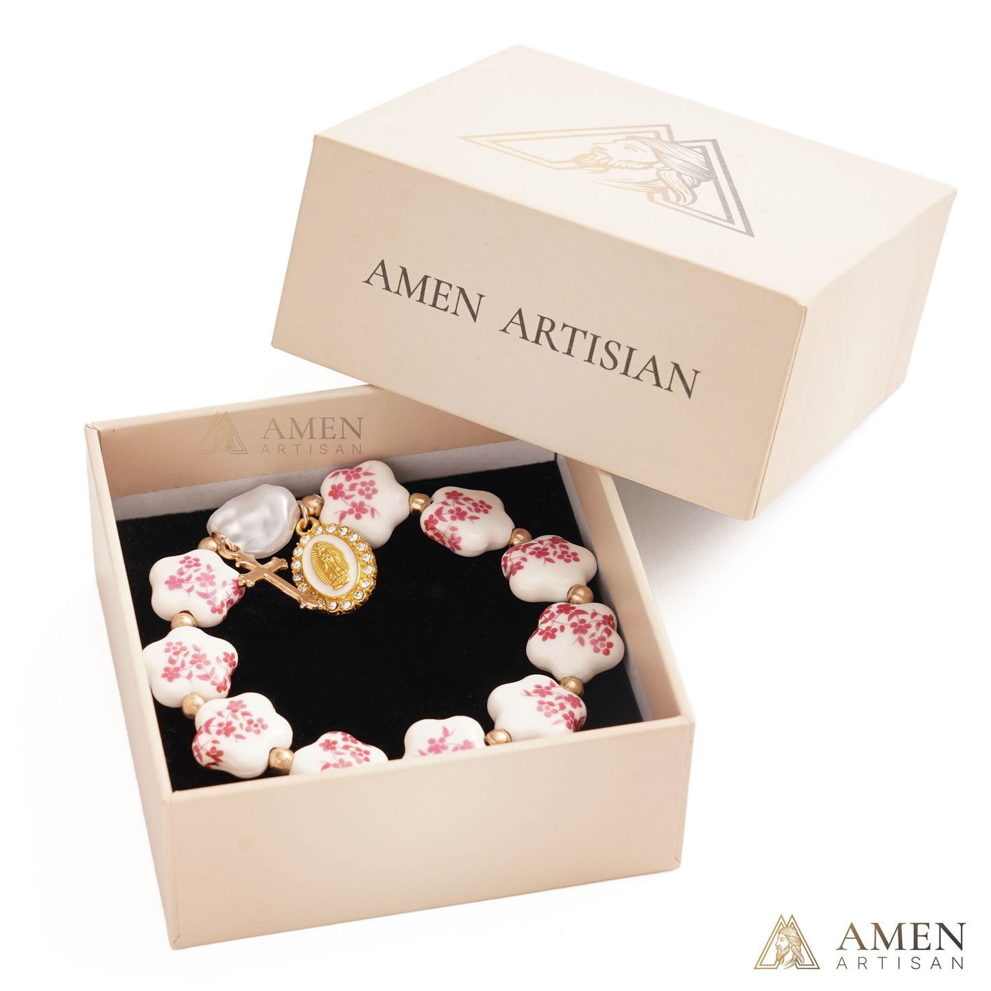 Blue Floral Ceramic Flower Bracelet with Virgin Mary Pendant - Faith & Peace | Amen Artisan