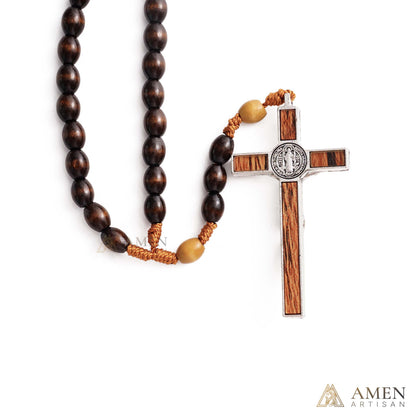 Woven Cord Wooden Rosary with St. Benedict Medal Cross - Sacred Blessing | Amen Artisan