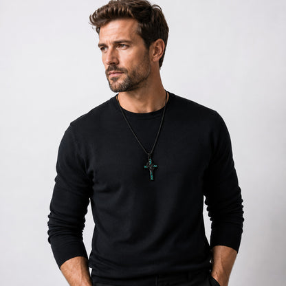 Crown of Thorns Cross Necklace with Natural Turquoise Inlay | Amen Artisan