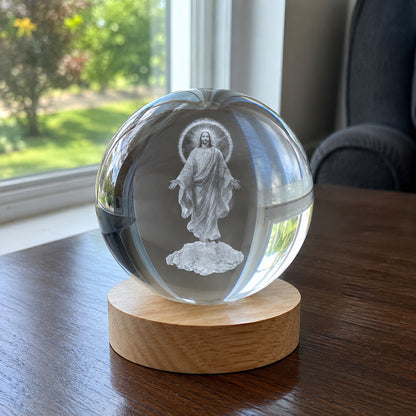 Jesus Christ Crystal Night Light with Warm Wooden Base