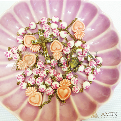 Sakura Pink Beads Sacred Heart Rosary Amen Artisan