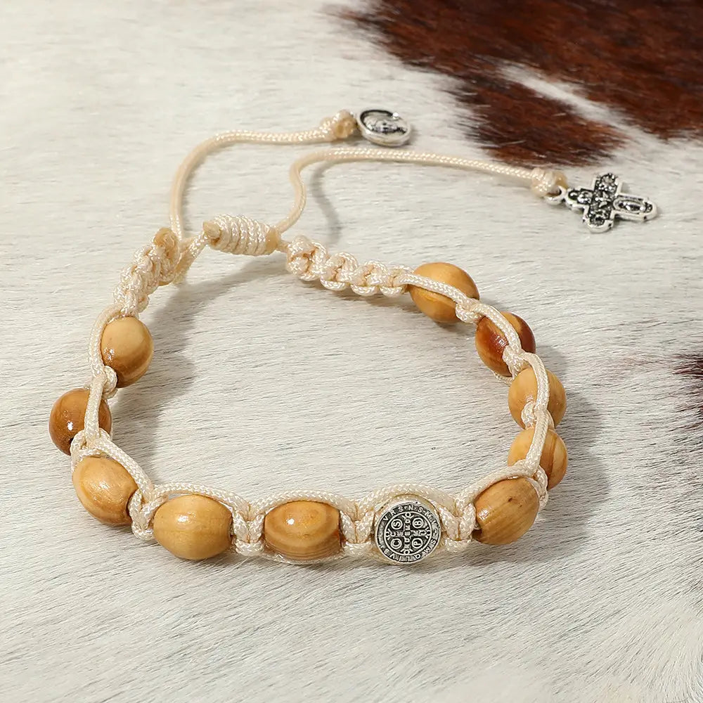 Braided Wooden Beads Saint Benedict Medal Bracelet Amen Artisan