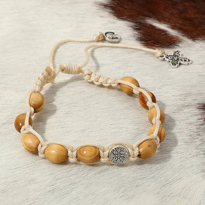 Braided Wooden Beads Saint Benedict Medal Bracelet Amen Artisan