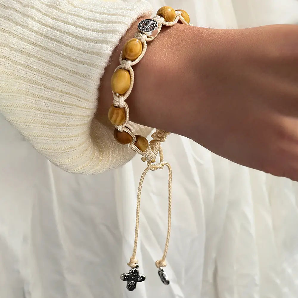 Braided Wooden Beads Saint Benedict Medal Bracelet Amen Artisan