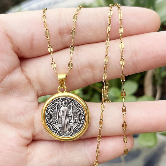 Gold Trim Saint Benedict Medal Necklace Amen Artisan